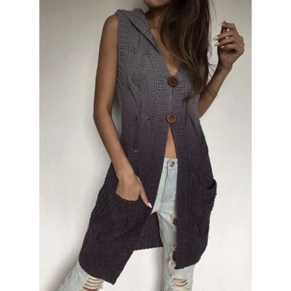 Free People boho Small hooded Grey and Purple cardigan sweater cable knit